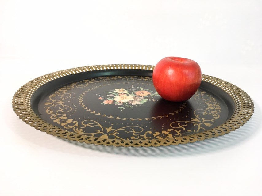 Vintage Round Metal Serving Tray - American Art Works Black Mid Century ...