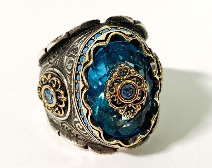 Vintage Sterling Silver & Aqua Colored Glass Statement Ring - Unique Estate Jewelry Large Ring Flower Floral Motif Gold Tone Accents Blue