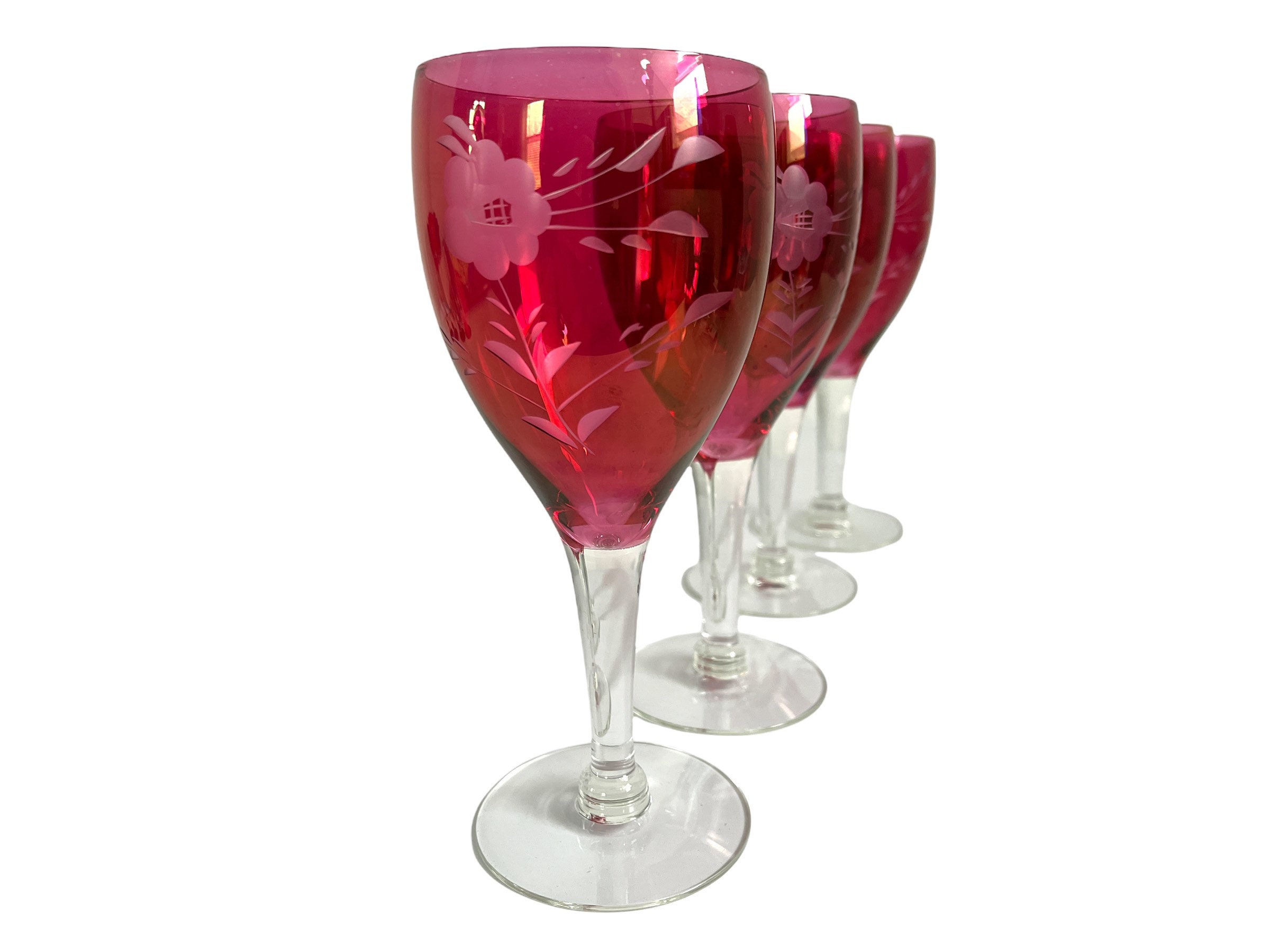 Vintage Etched Red Wine Glasses - Set of 4