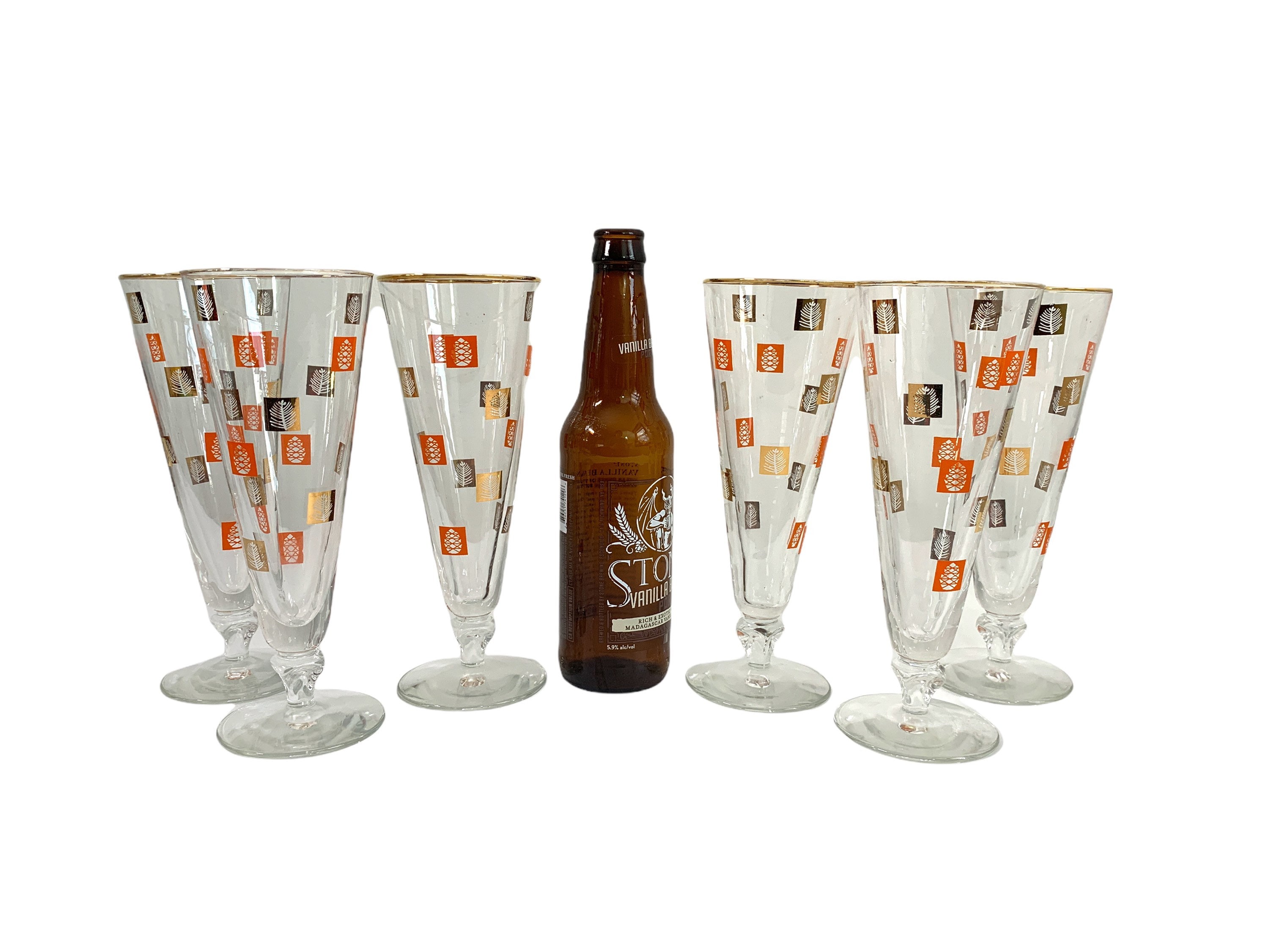 6 Vintage Woodland Libbey Pilsner Beer Glasses Six Retro Barware 1957