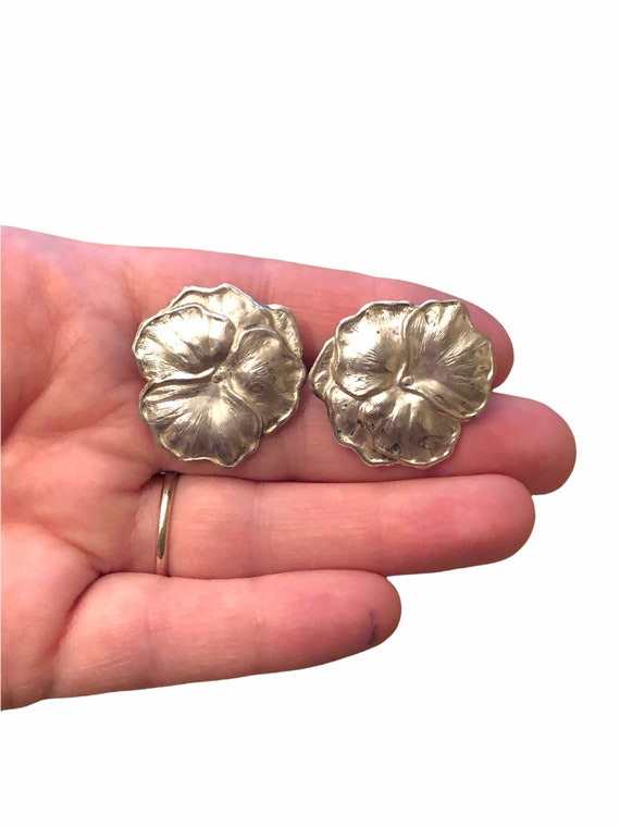 Vintage Sterling Silver Flower Earrings - Flower … - image 7