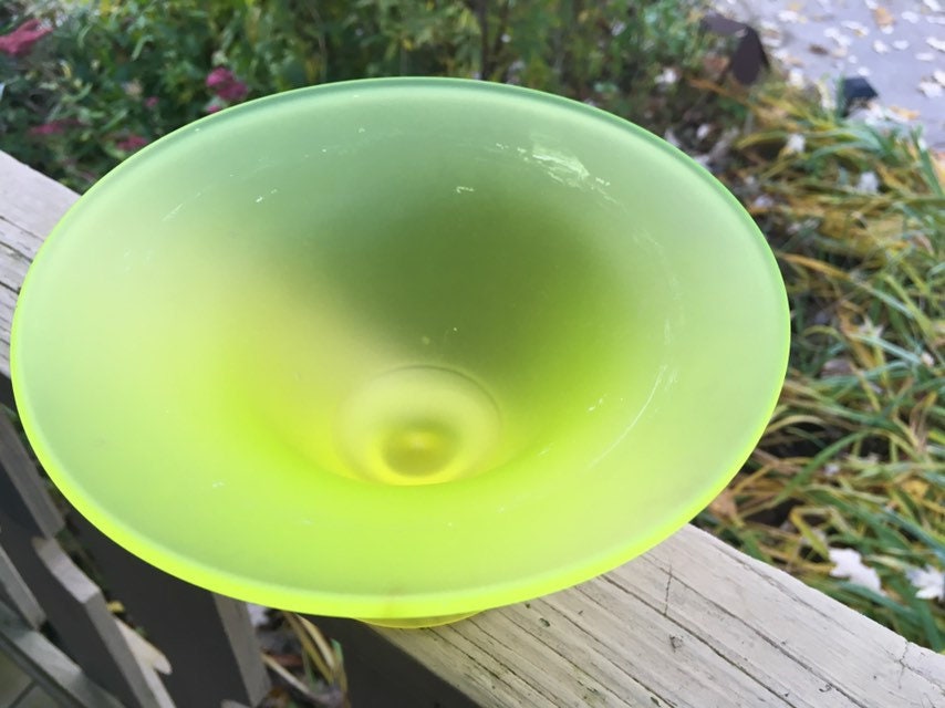 Yellow Vaseline Glass Pedestal Bowl Vintage Heavy Yellow Depression