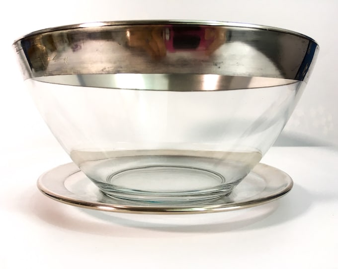 Dorothy Thorpe Style Salad Bowl Silver Band w/ Liner Plate  - Vintage Flared Silver Rim Bowl - Mad Men Serving / Kitchen Decor - Mid century