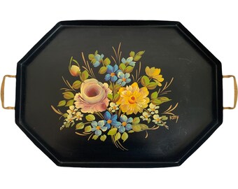 Vintage Rectangular Metal Serving Tray - Black Mid w/ Hand Painted Floral 2 Handles - Retro Mid Century MCM Cottage Chic Kitchen Home Decor