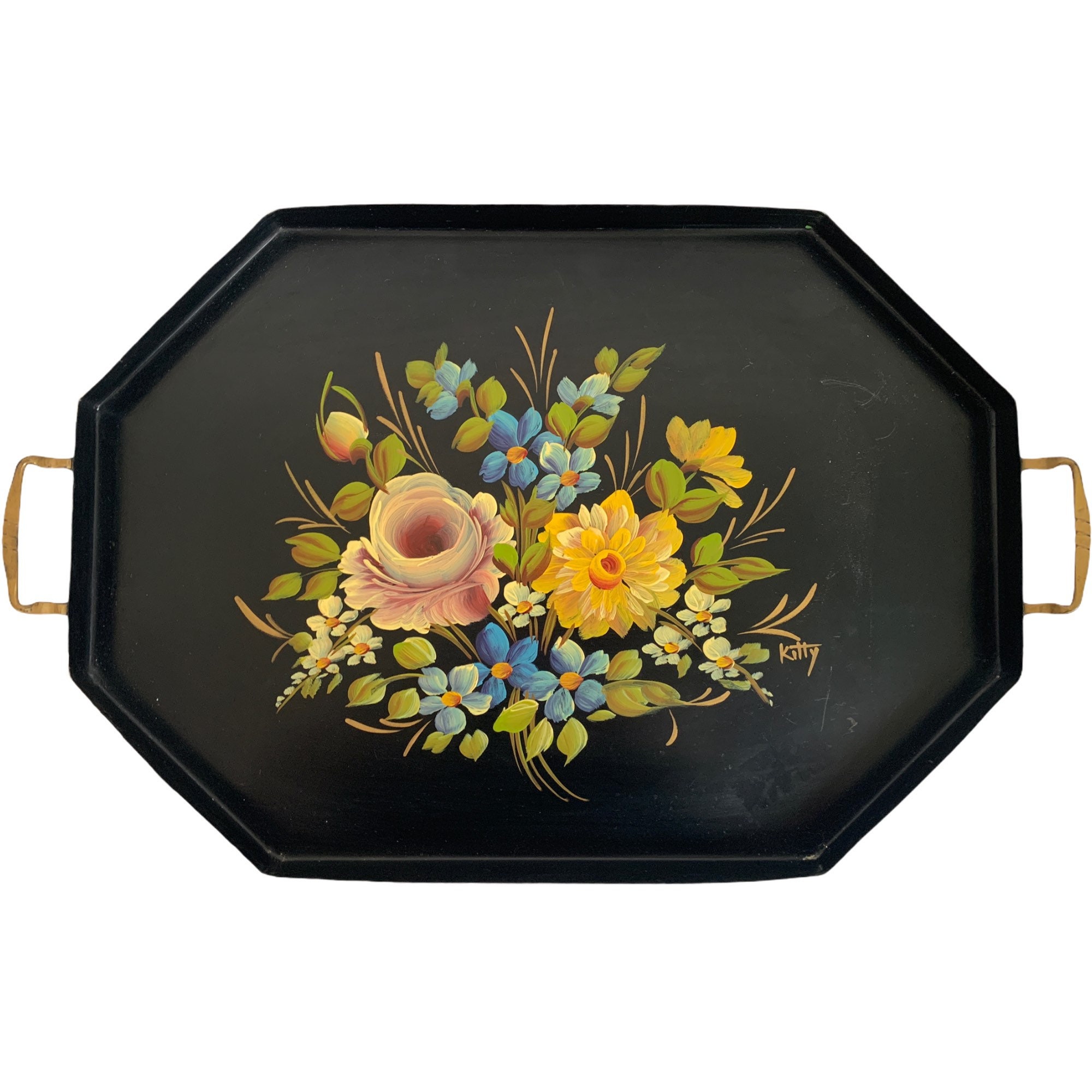 Vintage Rectangular Metal Serving Tray - Black Mid w/ Hand Painted Floral 2 Handles - Retro Mid 