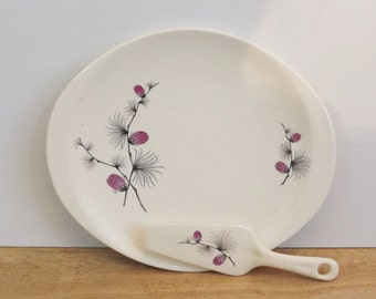 Serving Tray China Cake Plate / Platter w Matching Server Set - Off White/Cream Colored Pink Floral Design - Shabby / Country Cottage Chic