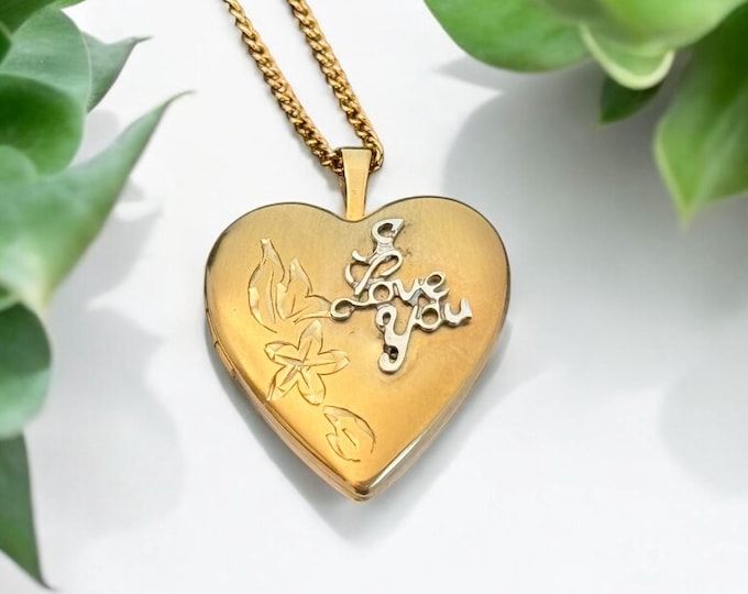 Vintage Two-Tone Heart Locket Necklace: 14K Gold Filled Photo Keepsake