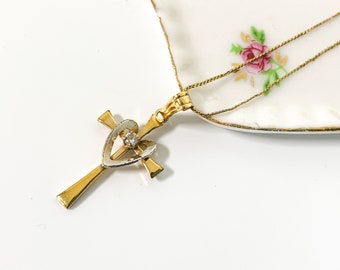 Vintage Gold Filled Cross Necklace w/ Faux Diamond 14K on GF Serpentine Chain - Retro Religious Christian Gift Girl Communion Confirmation