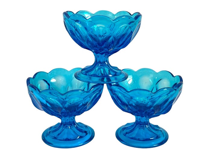 3 Vintage Fairfield Laser Blue Comports by Anchor Hocking Sherbet Champagne Glasses w/Rim -Three Retro Heavy Dessert Glass Stemware Barware