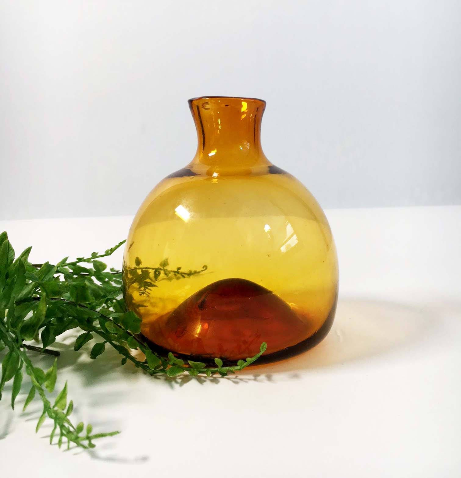 Vintage Amber Orange Art Glass Vase Hand Blown Signed Mullen Round