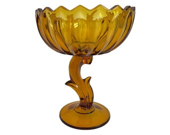 Vintage Amber Glass Compote Pedestal Bowl w/ Curved Leaf Shaped Stem -  Retro Kitchen Serving Home Decor Flower Shape