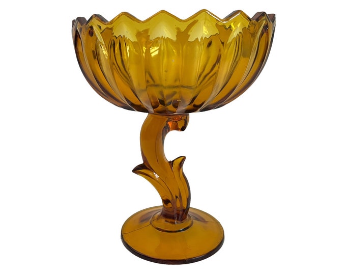Vintage Amber Glass Compote Pedestal Bowl w/ Curved Leaf Shaped Stem -  Retro Kitchen Serving Home Decor Flower Shape