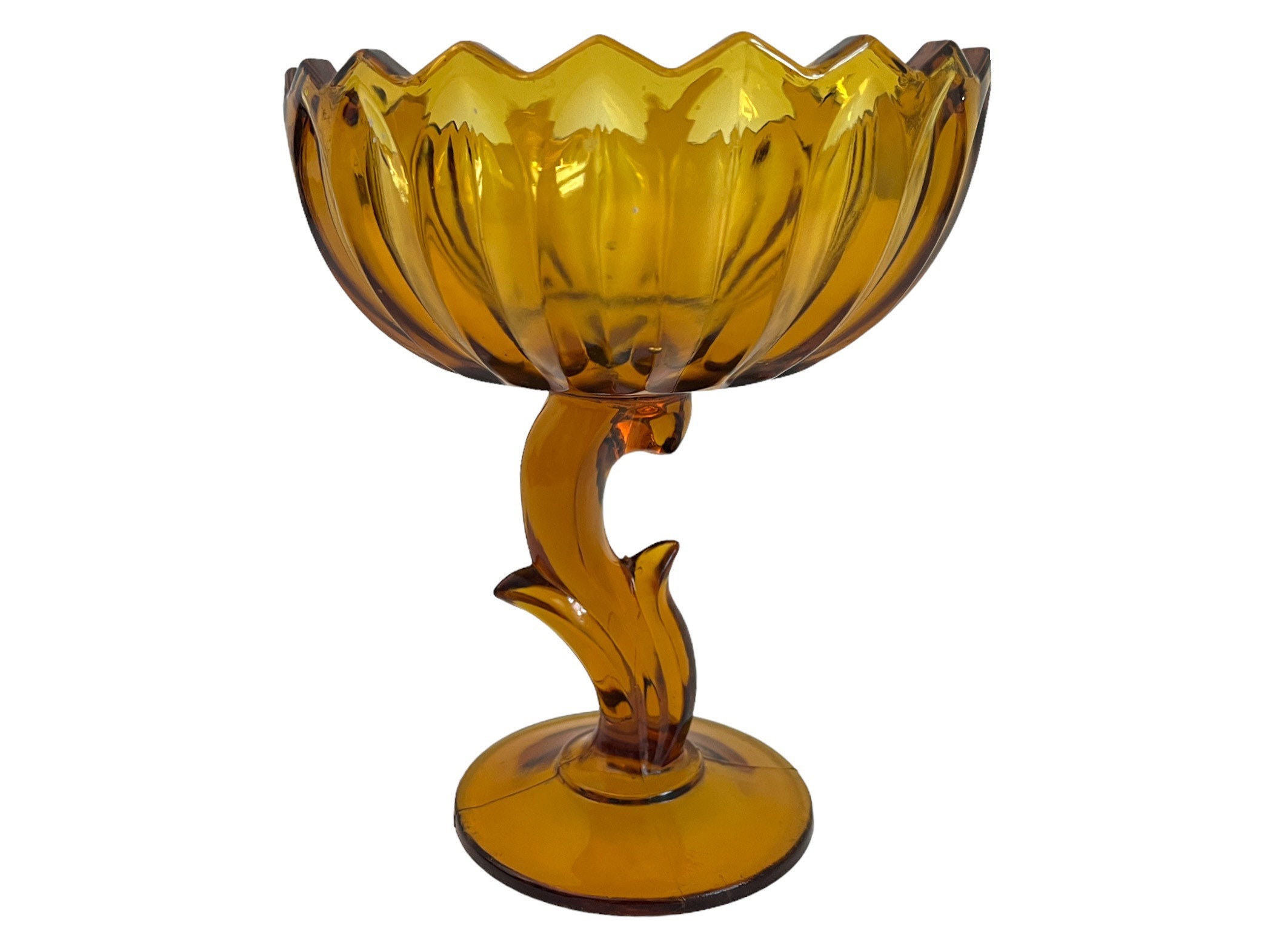 Vintage Amber Glass Compote Pedestal Bowl w/ Curved Leaf Shaped Stem ...