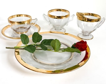 Vintage 3 Place setting Luncheon Set w/ Gold Trim Glass Plates Cups Saucers Sugar & Creamer - 11 Pc Floral Flower Pattern on Clear Glass