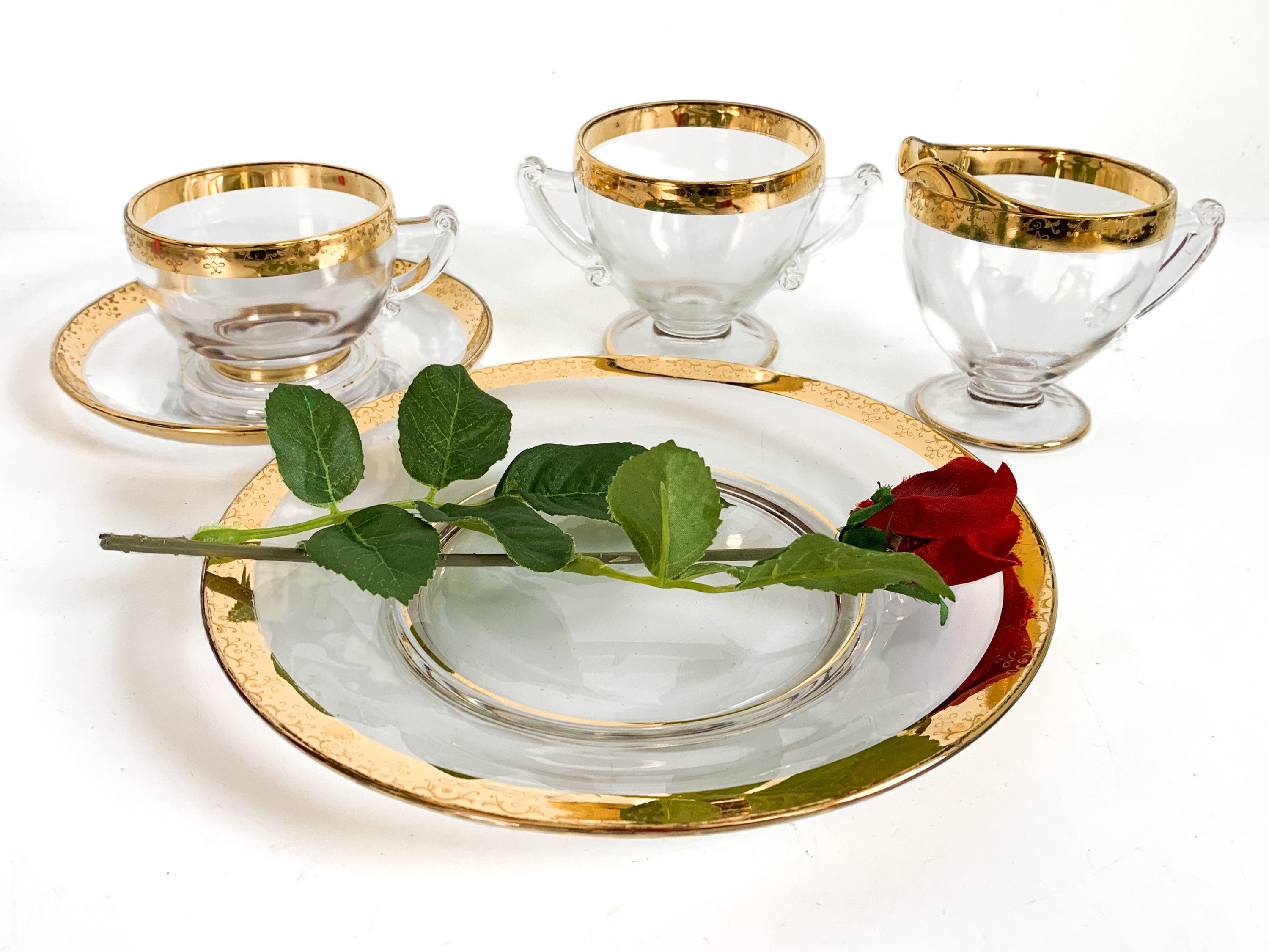 Modern Glass Cups & Saucers with Gold Rim Set of 6