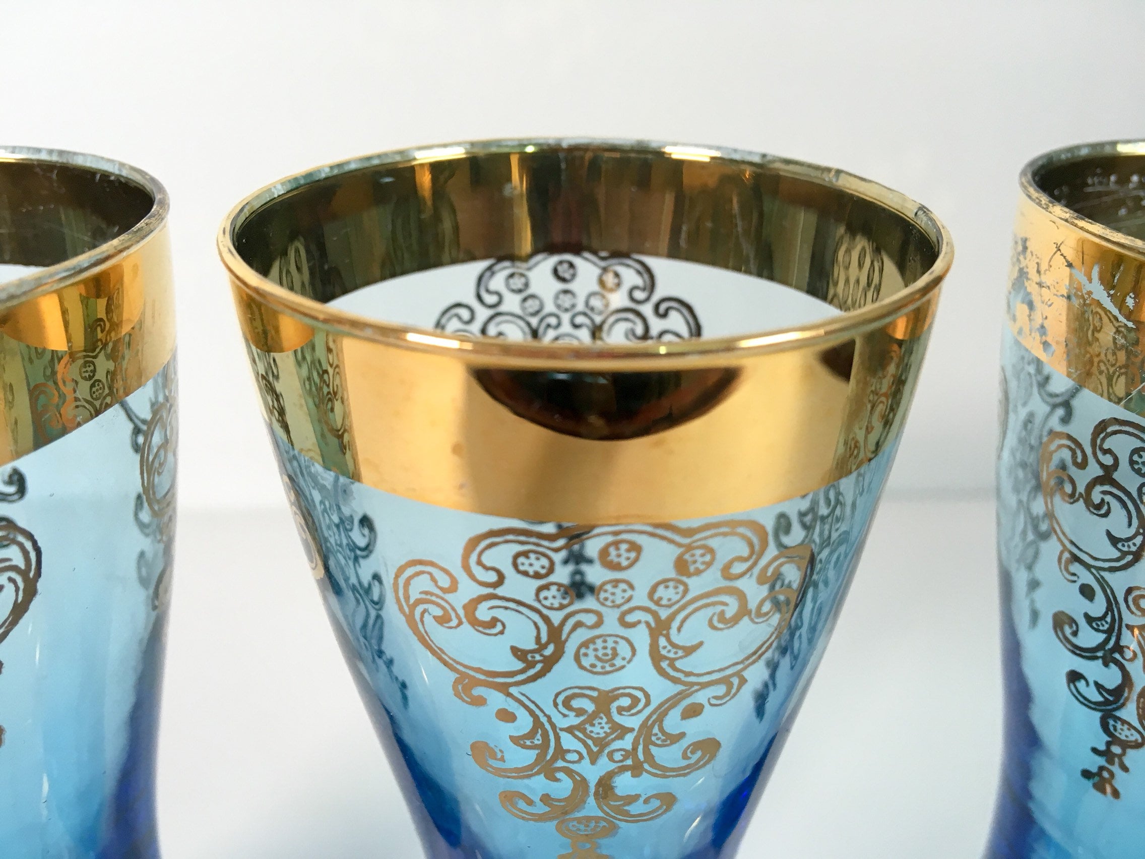 Vintage Set of 4 Blue & Gold Glasses w/ Twisted Stems Barware Serving