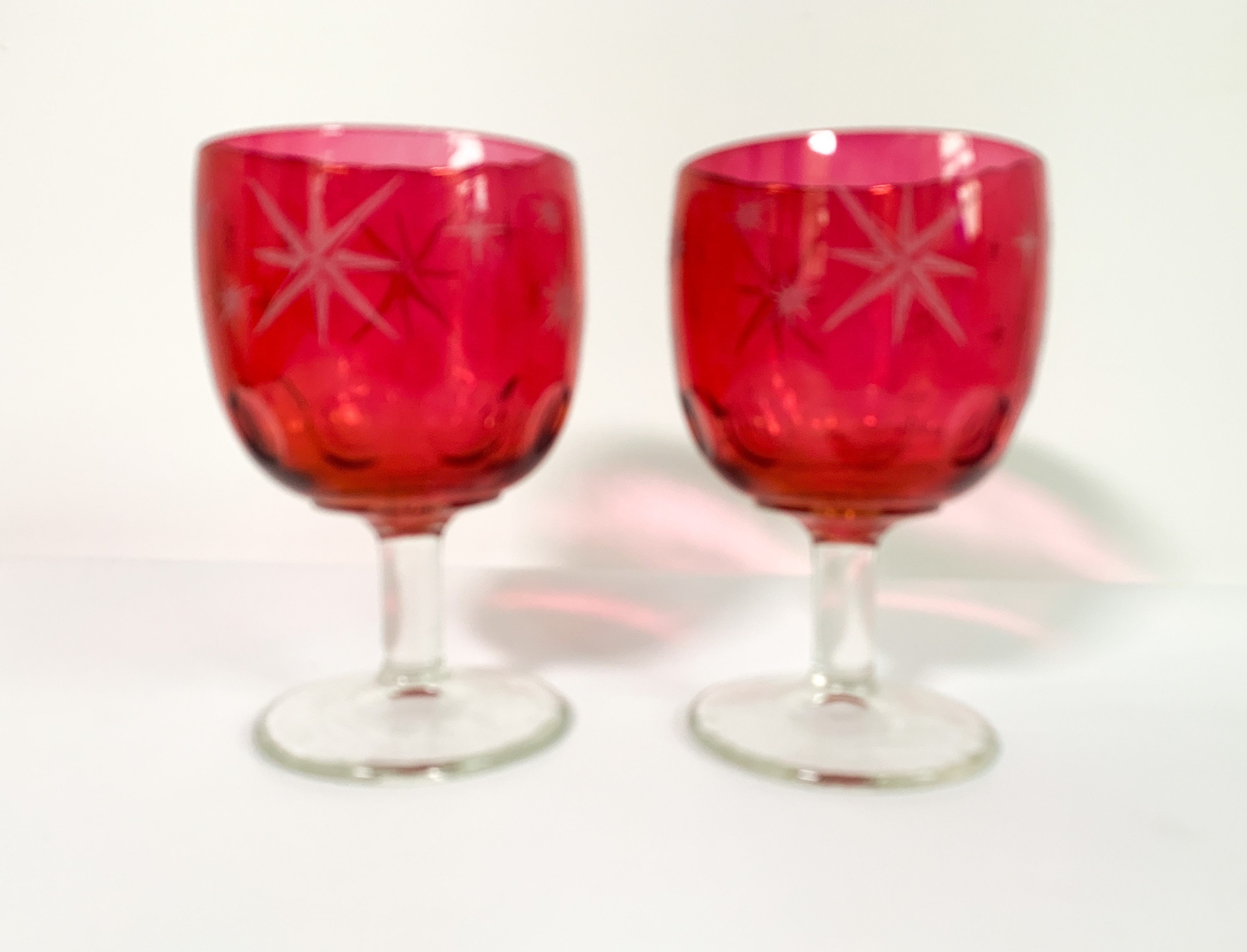 Pair Star Ruby Red w/ Clear Stem Large Goblets Glasses 2 Retro