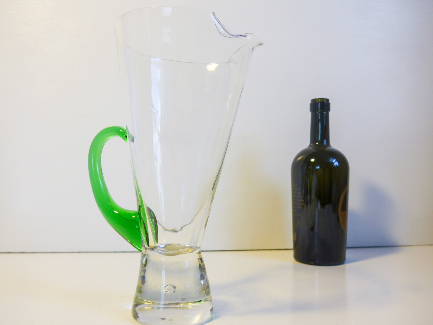 Vintage Green Handle Glass Martini Cocktail Pitcher Hand Blown Glass