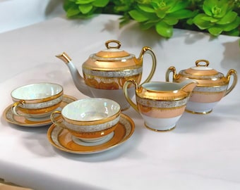 Vintage Noritake TEA SERVICE Peach Gold Teapot Creamer & Sugar w/ 2 Cups Saucers - Tea Service Early 1900s - Antique China - 9 Pc Serving
