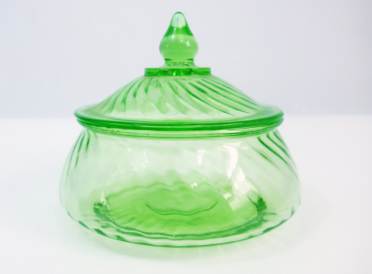 Vintage Imperial Glass Twisted Optic Green Depression Glass Candy Dish