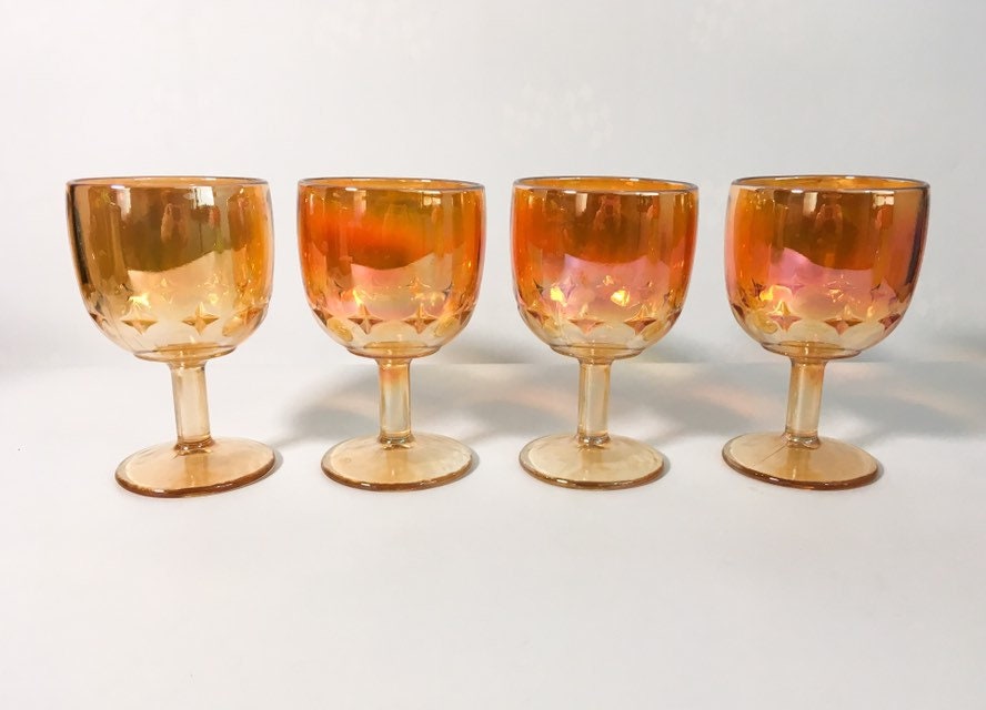 Vintage Set 4 Marigold Carnival Glass Goblets 4 Iridescent Orange Amber Large Glasses