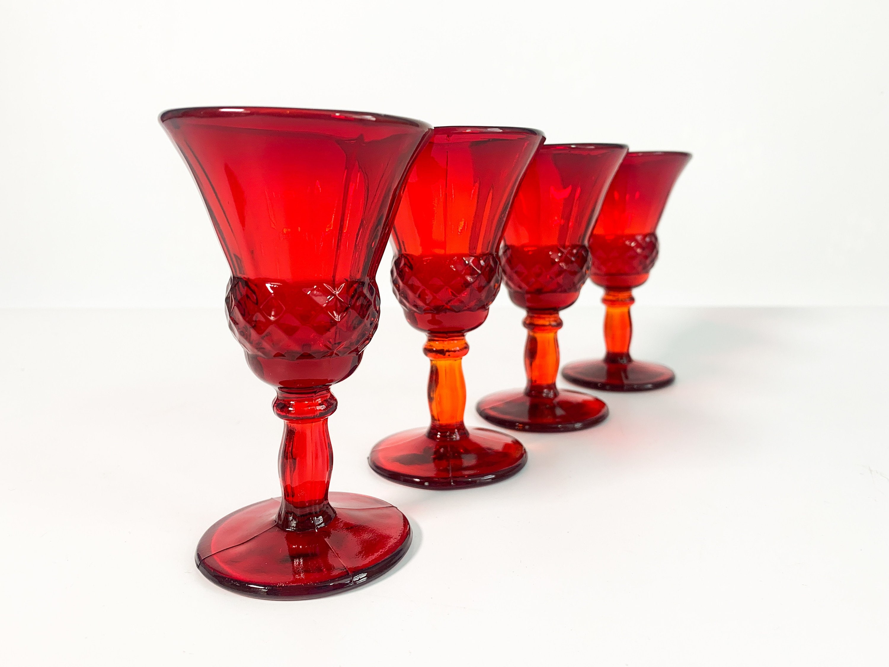 3pc - Short Stem Ruby Red and Clear Cordial Drinking Glasses