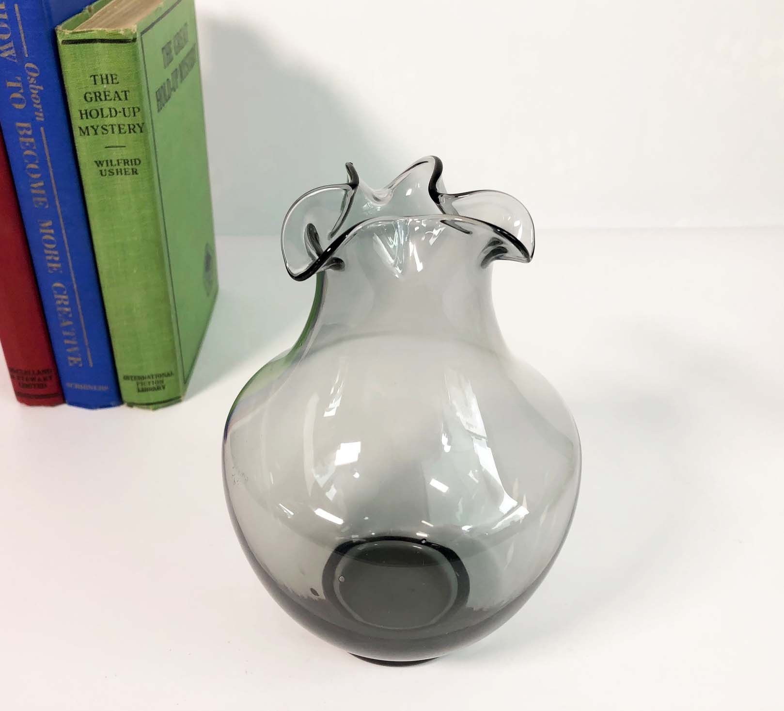 Vintage Smoky Grey Ruffled Art Glass Vase Hand Blown Modern Shaped Flower Mod Mid Century