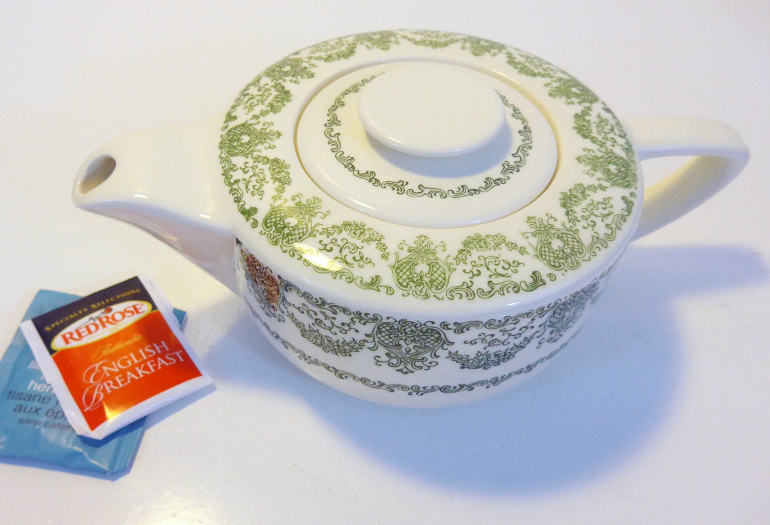 Antique Teapot Ivory w/ Green Design Low Profile Art Deco Style Tea pot