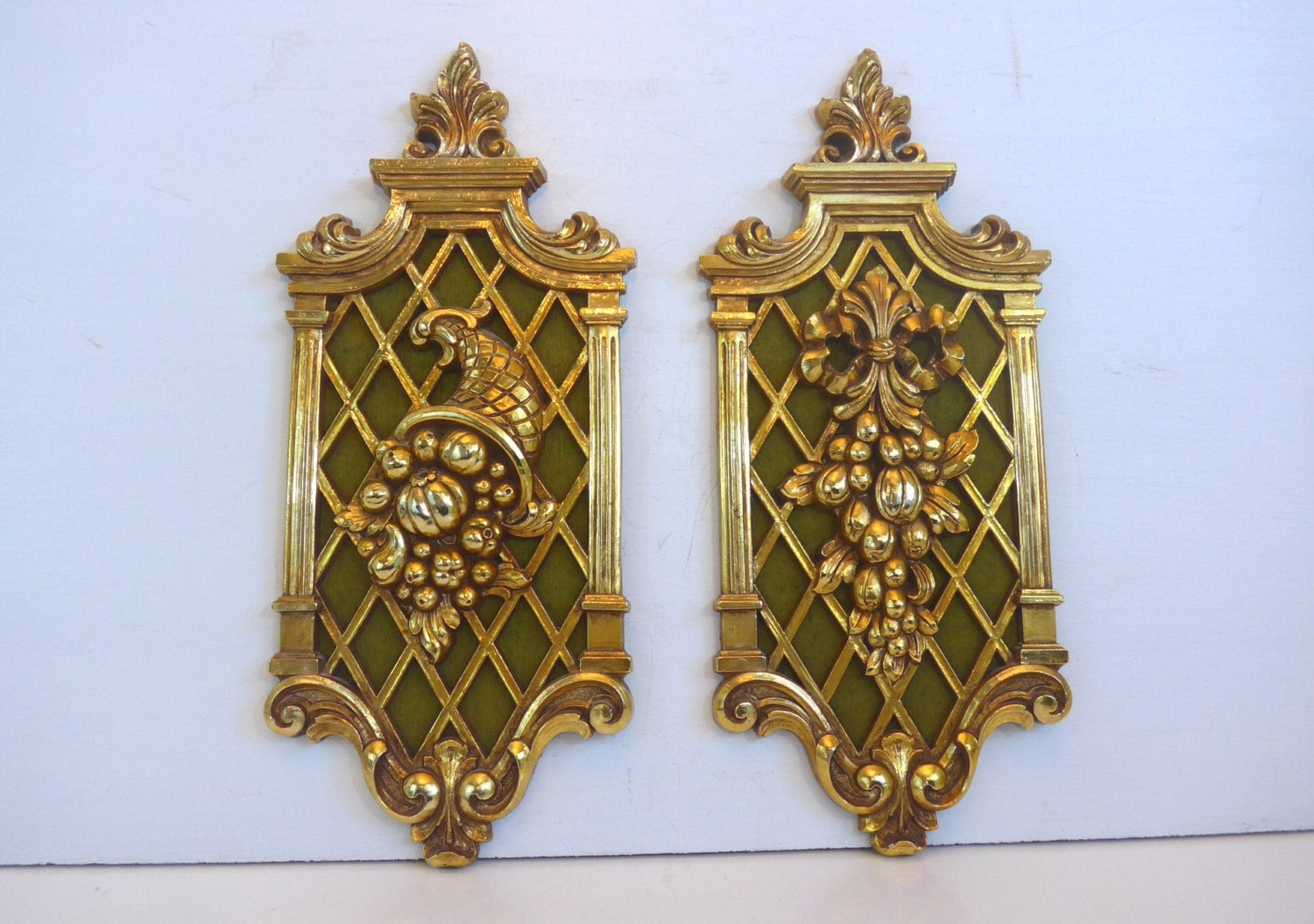 Pair Vintage Gold Ornate Wall Hangings Mid Century Wall Decor