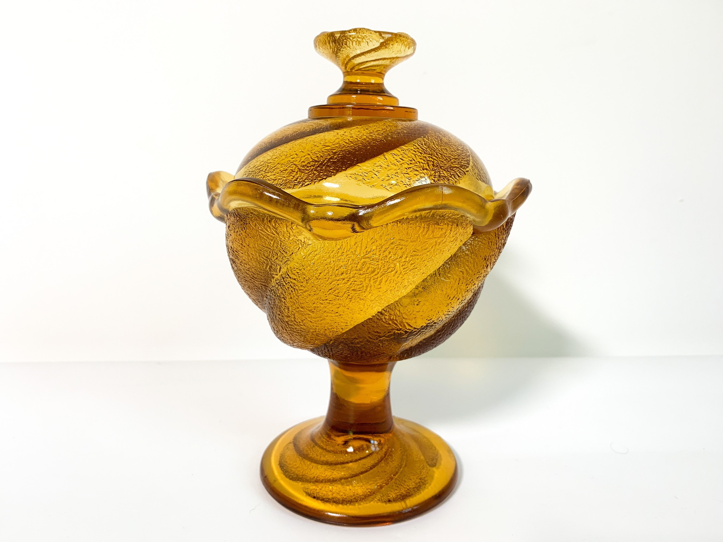 Vintage Amber Candy Dish w/ Lid, Lidded Light Brown Glass Retro Round