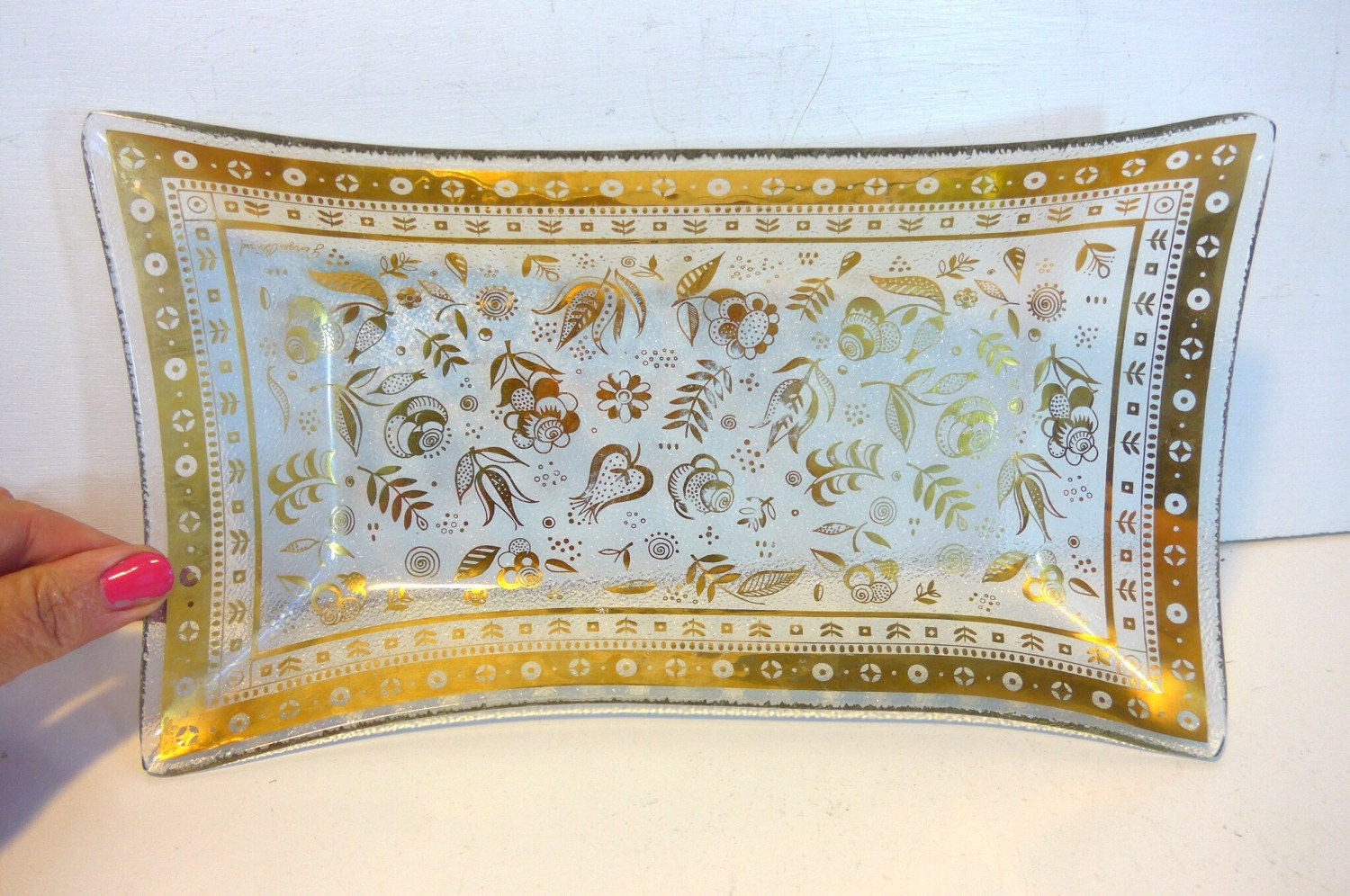 Mid Century Briard Large Rectangular Glass Dish Vintage Gold