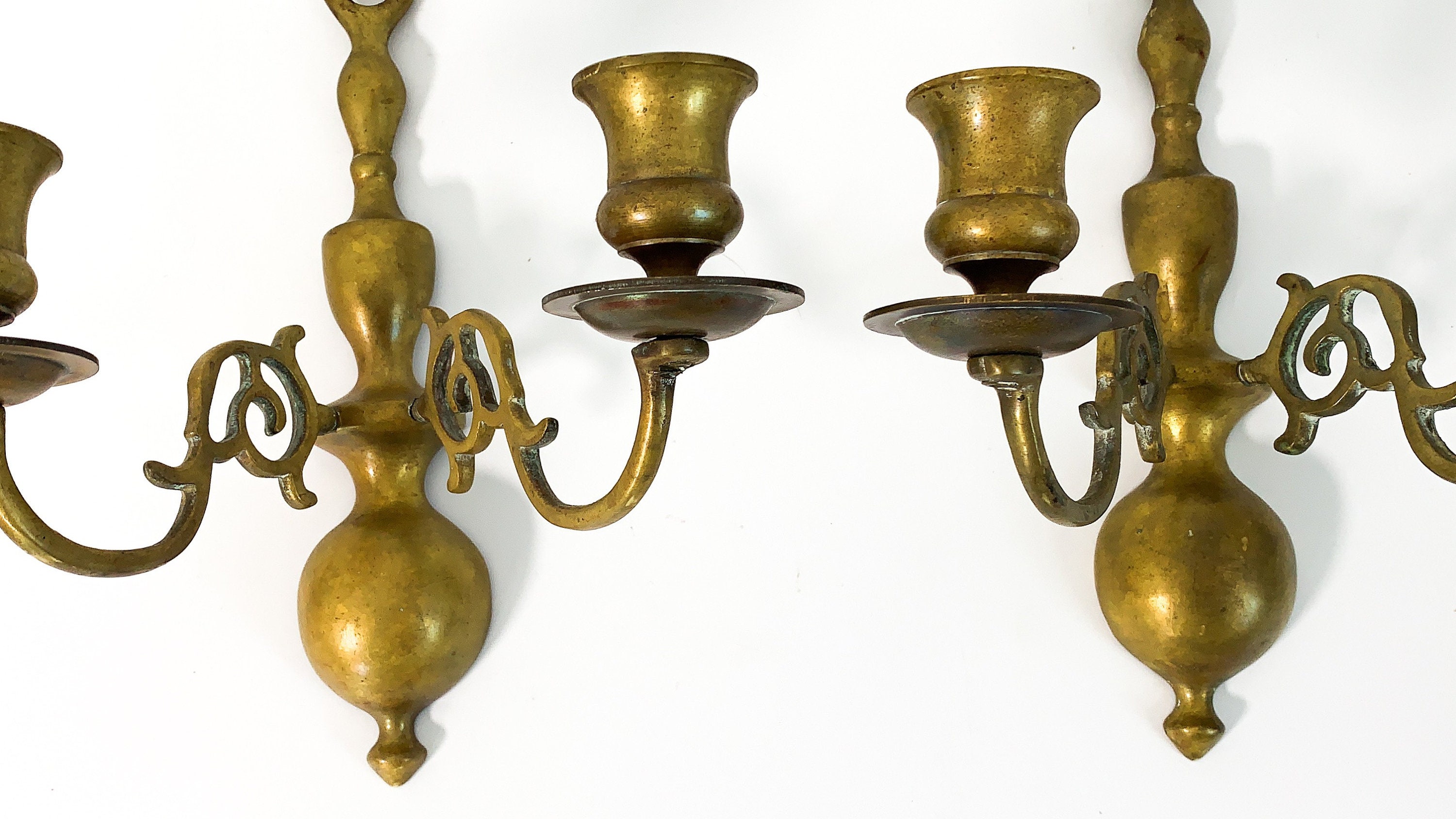 Vintage Pair of Brass Sconce Candleholders 2 Solid Brass Sconces HB