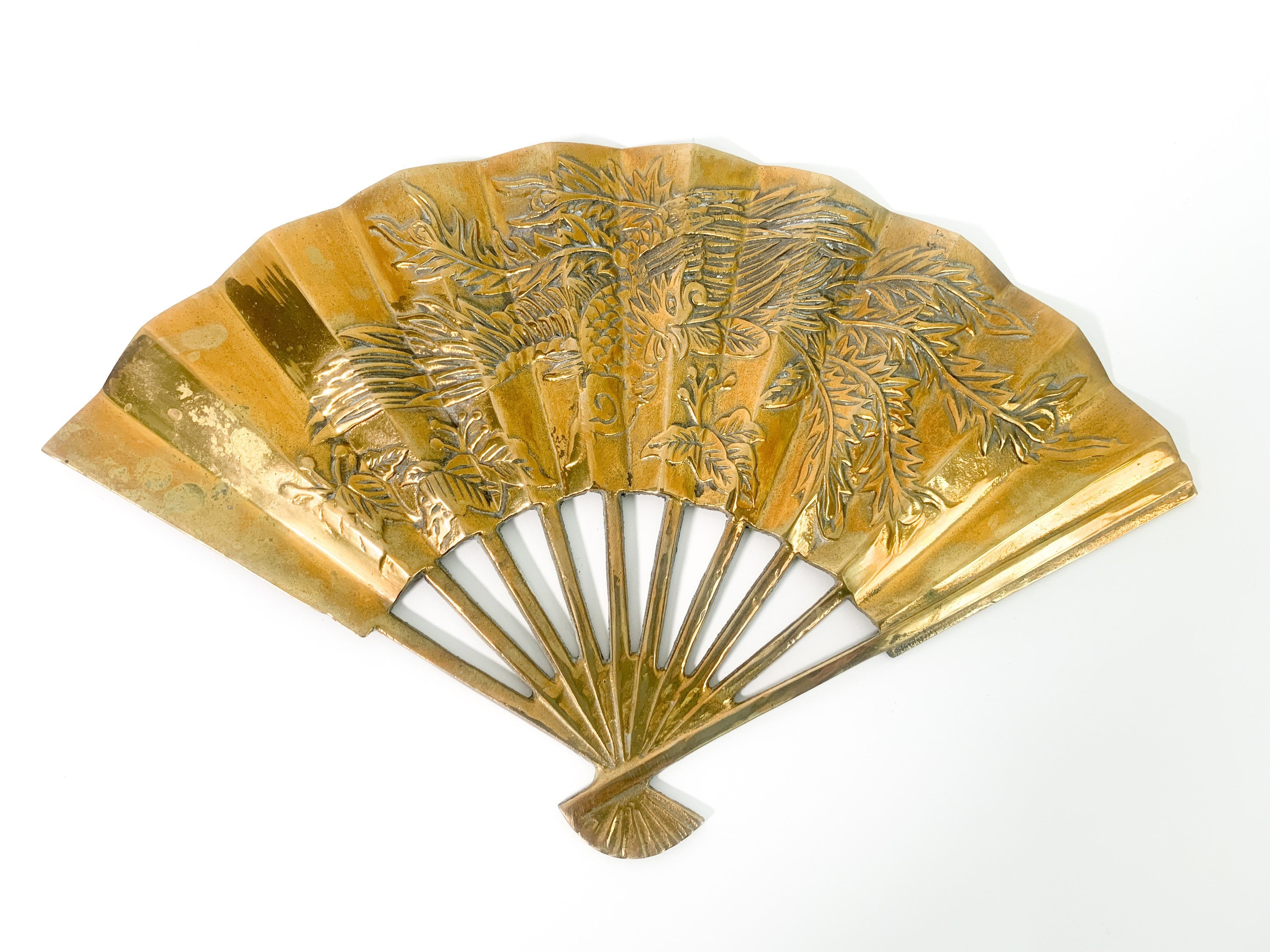 Vintage Heavy Brass Fan Wall Hanging Dragon Asian Oriental Design