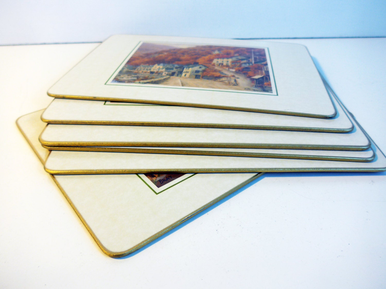 Set 6 Vintage Cork Placemats 6 Scenes English Villages & Landscapes