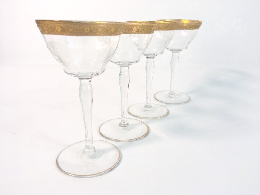 4 Vintage Gold Rimmed Wine Glasses Four Retro Liquor Cocktail Wine