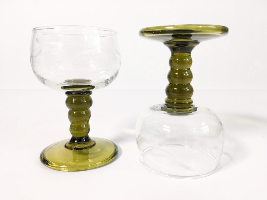 4 Vintage Roemer Austrian Wine Glasses Set of 4 Green Stem Clear Bowl