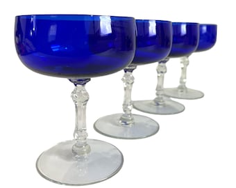 4 Vintage Cobalt Blue Low Sherbet Glasses Stemware - Four Retro w/ Clear Stems - Drinkware Ca Mod century
