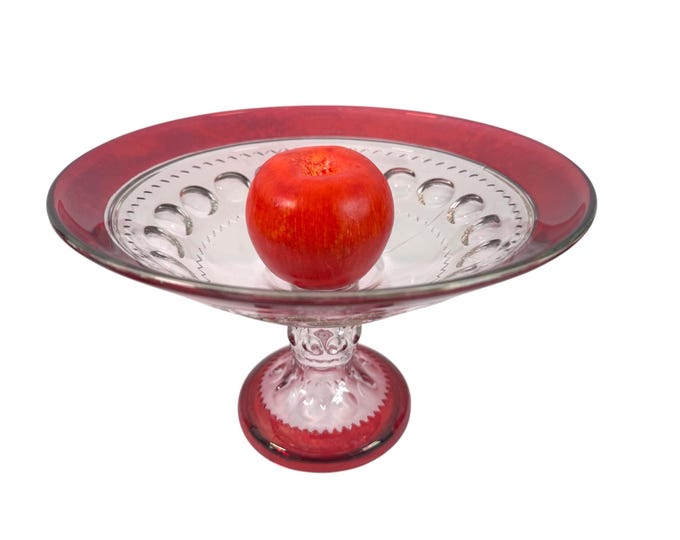 Vintage Kings Crown Clear w/ Red Flash Top & Bottom Compote Bowl by Tiffin Franciscan - Retro Tall Stem Pedestal Dish