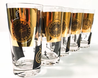 Mid Century Modern Tumblers: Black & Gold Pocket Watch Design (Set of 5)