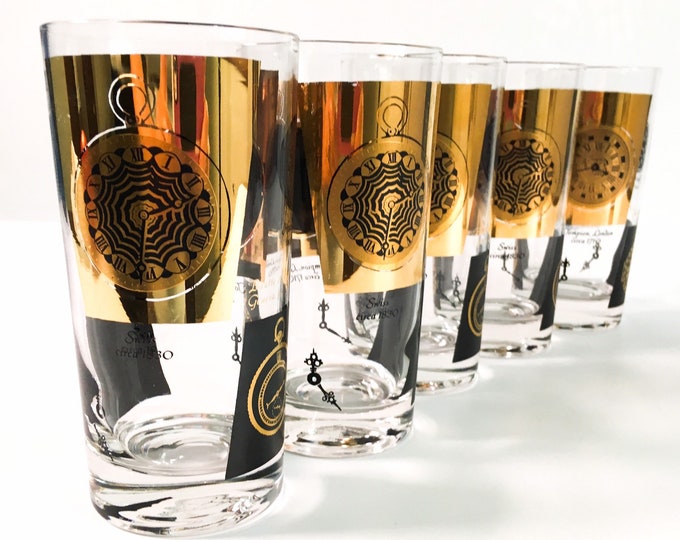 Set of 5 Mid century Glasses Black & Gold w/ Pocket Watch Clock Designs Tall Tumblers- Vintage / Retro Mid Century Modern Drinkware Design