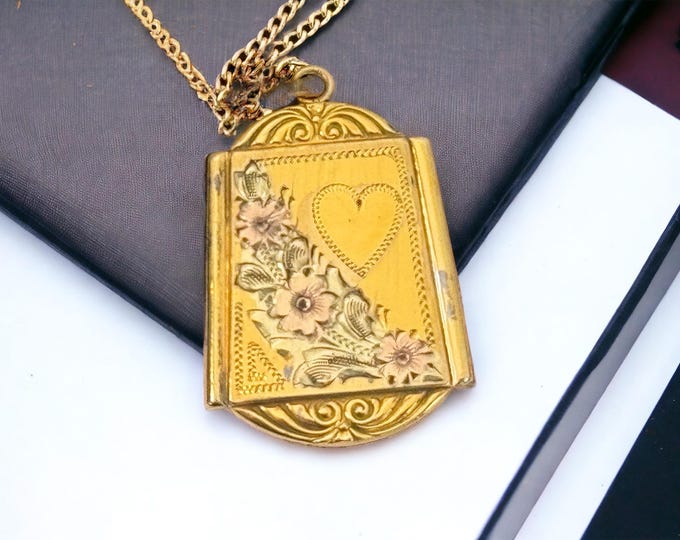 Vintage WEH Gold Filled Shield Shape Locket Necklace w/ Etched Flower on 14K GF Chain - Sweetheart Pendant - W E Hayward - w/ 2 photo wells