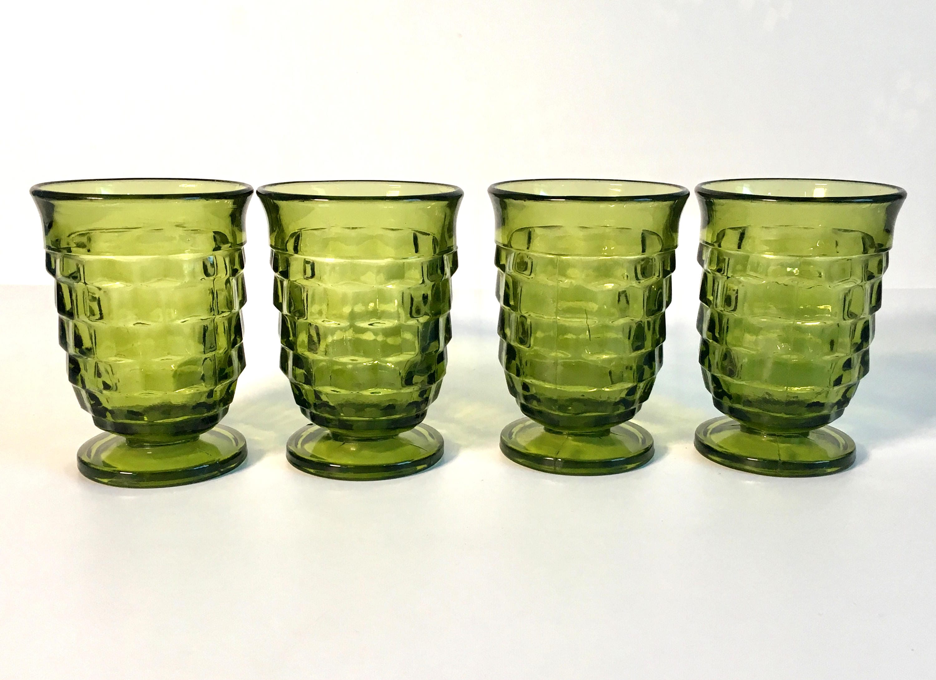 Vintage Set of 4 Whitehall Juice Glasses Green (Avocado) by Colony Heavy Juice Glasses Waffle