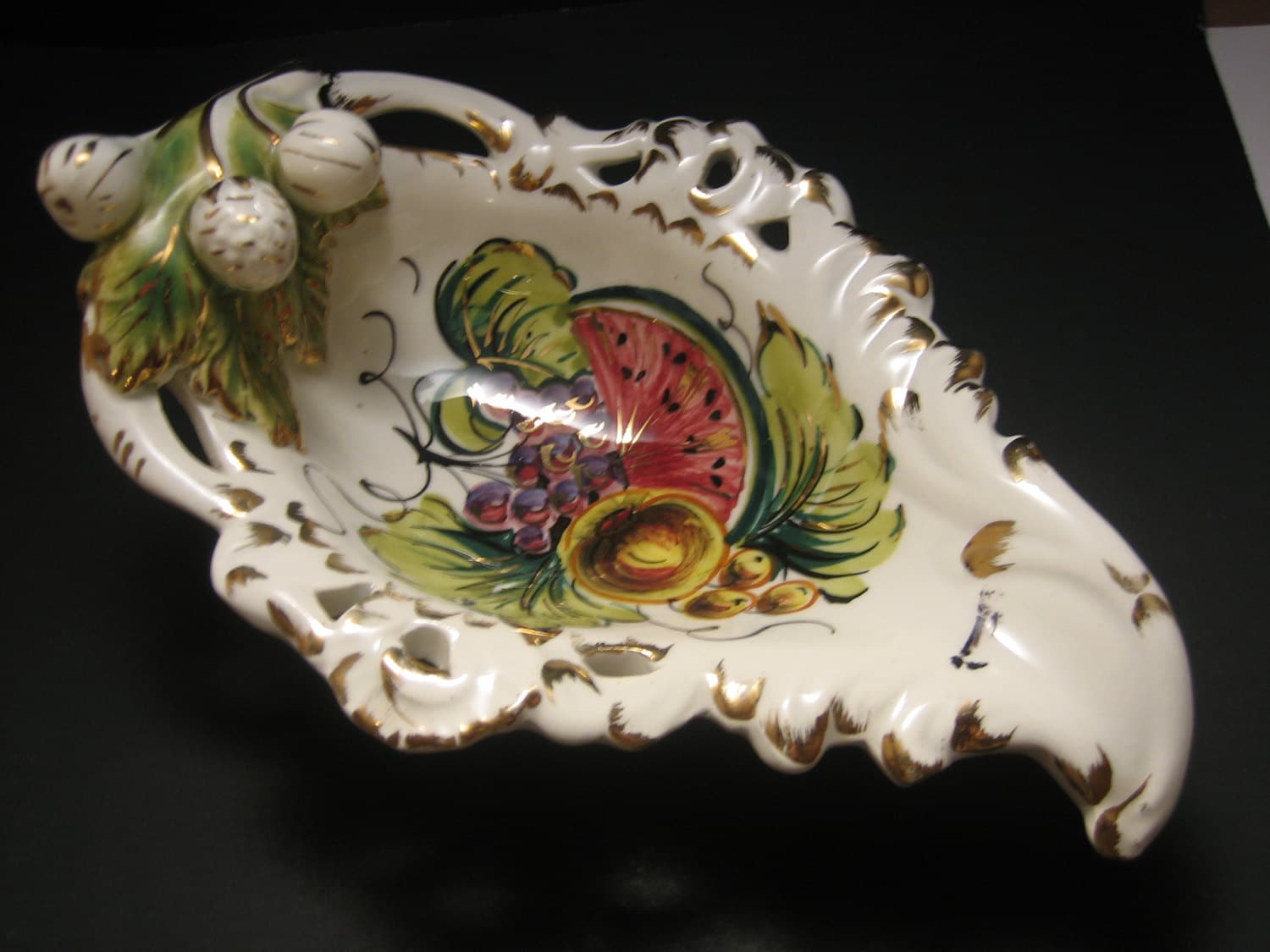 Vintage Hand Painted Italian Dish Colorful Fruit, Gold with 3D Accents Vintage Pierced