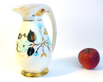 Vintage Myott Art Deco Pitcher: Handpainted Turquoise Floral, Gold Trim