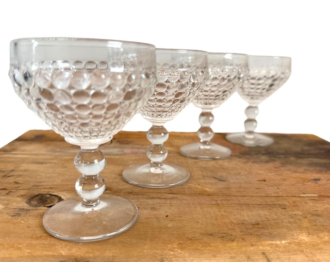4 Vintage New Martinsville Ancestral Clear Glasses - Beaded Bowl & Ball on Stem Retro Glassware Stemware - Dinner Parties Party Thousand Eye