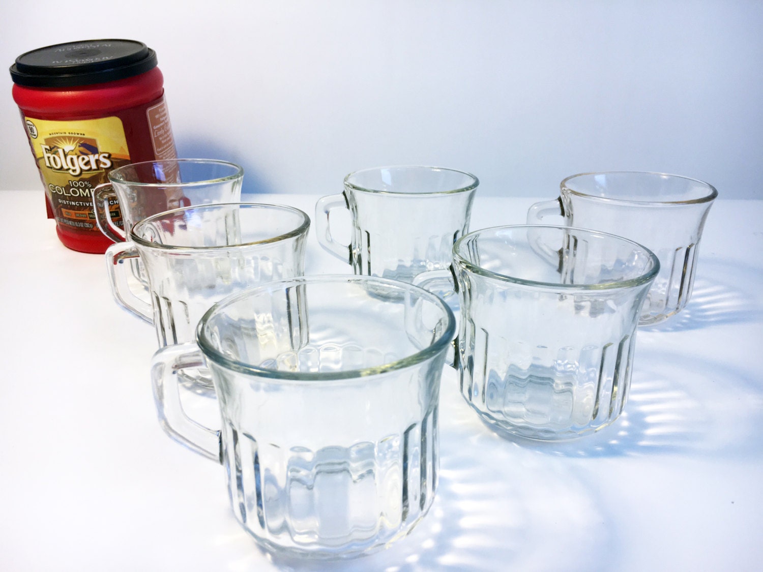 Corning Clear Glass Mugs Set with Ribbed Sides Vintage Set of 6 Glass