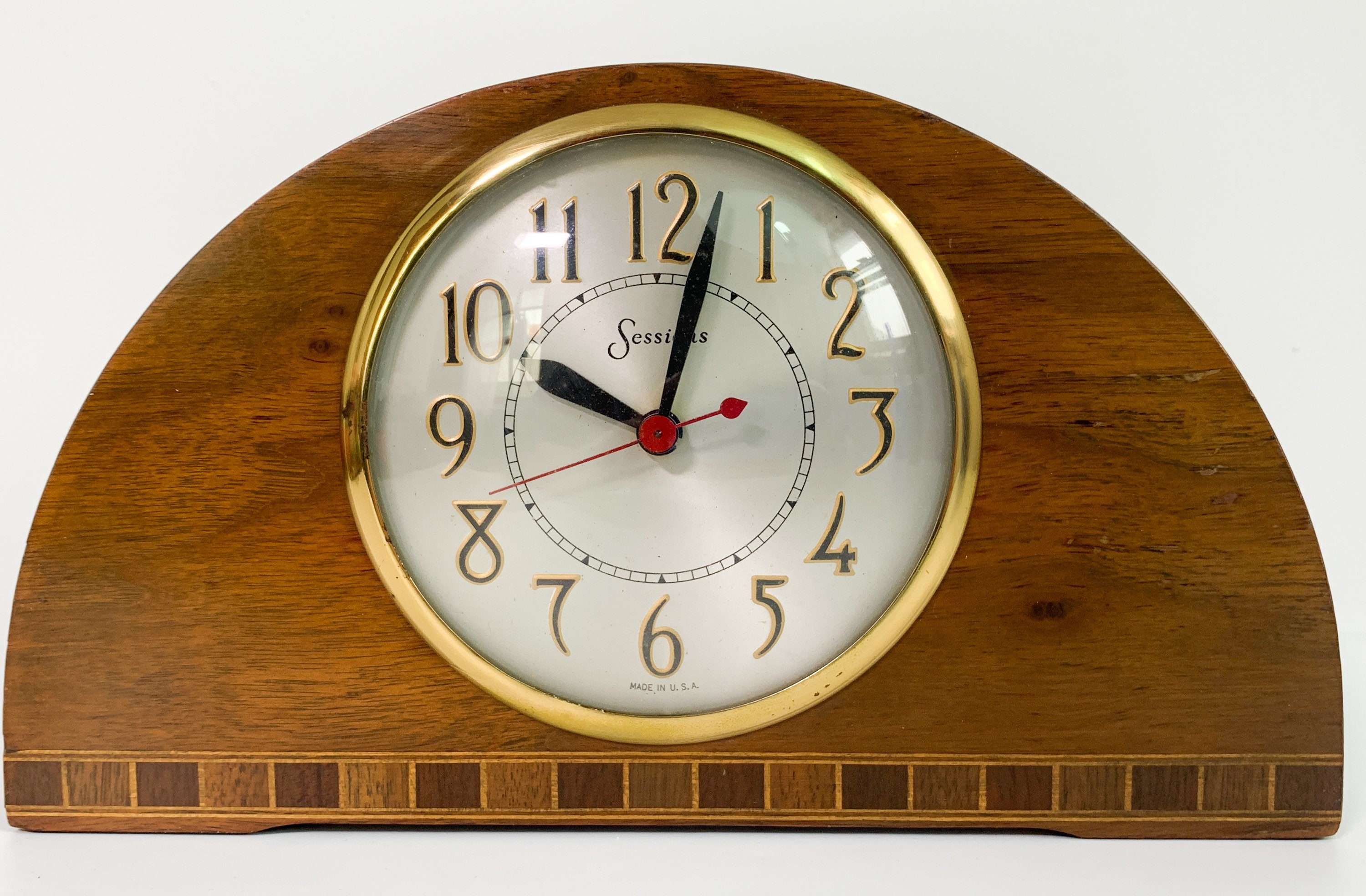 Vintage Art Deco Style Wood Sessions Electric Mantle Clock Wood Inlay