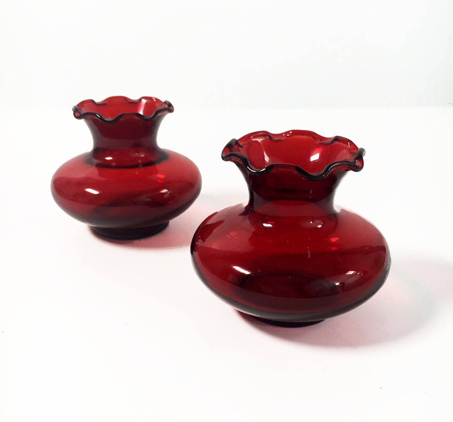 VINTAGE ANCHOR HOCKING Red Ruffle Edge Glass Vases Set of 2 Pair of