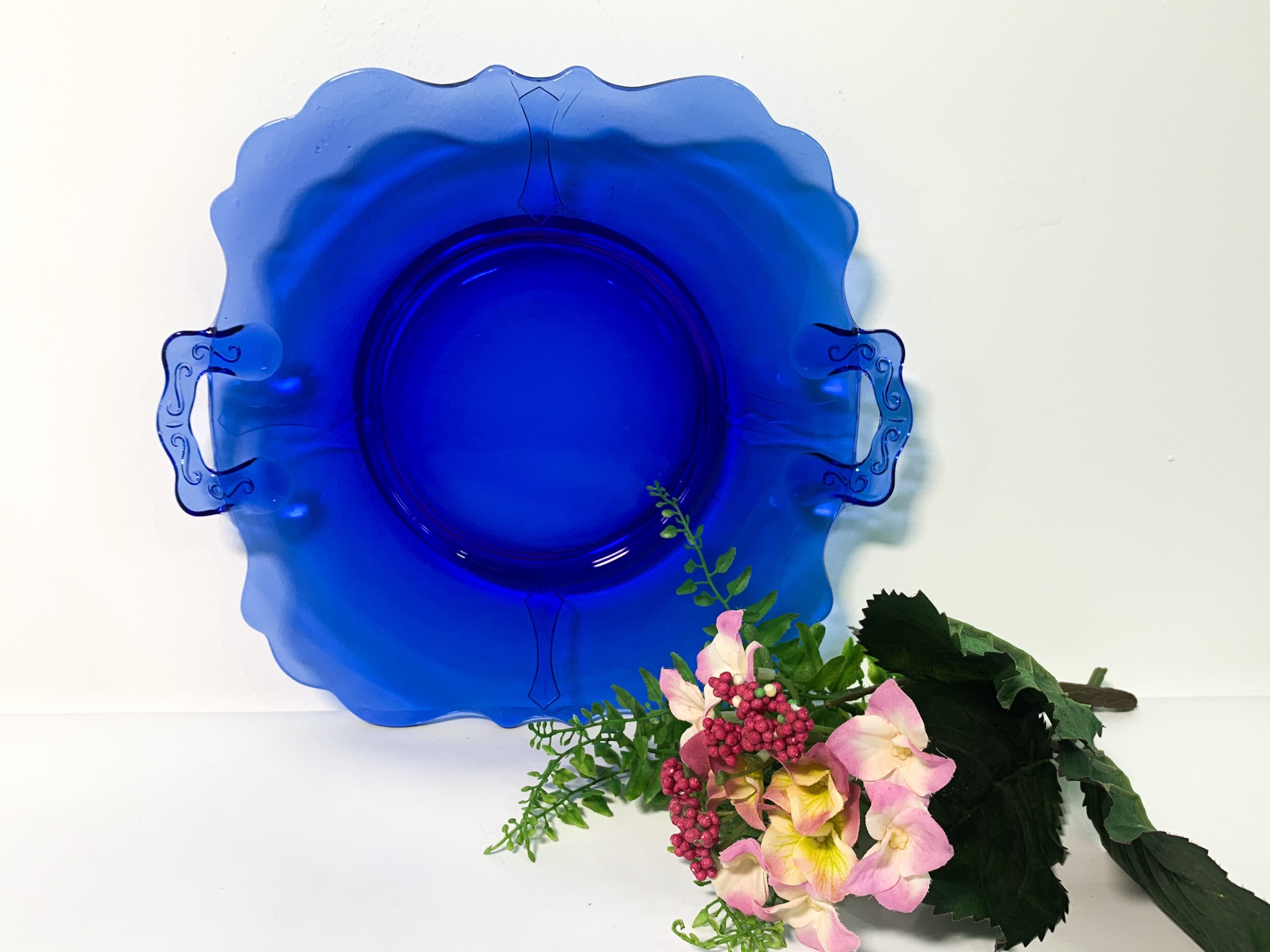 Vintage Cobalt Blue Mt Pleasant Two Handled Cake Plate Smith Glass Co Depression Era