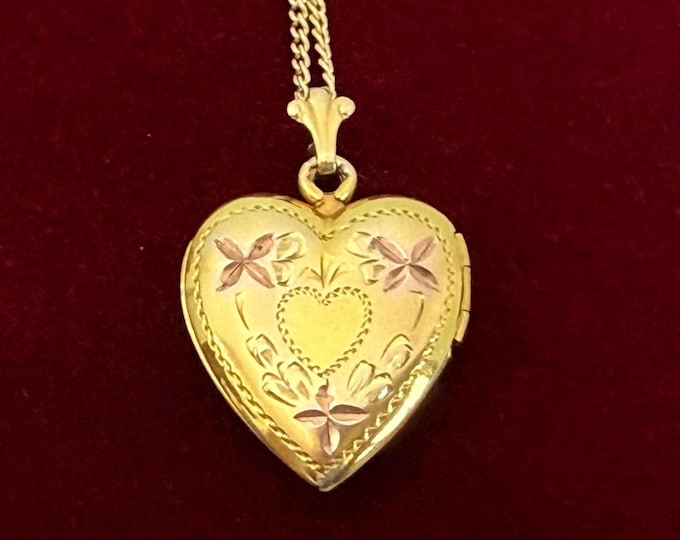 Vintage Two-Tone Heart Locket Necklace: 14K Gold Filled Photo Keepsake